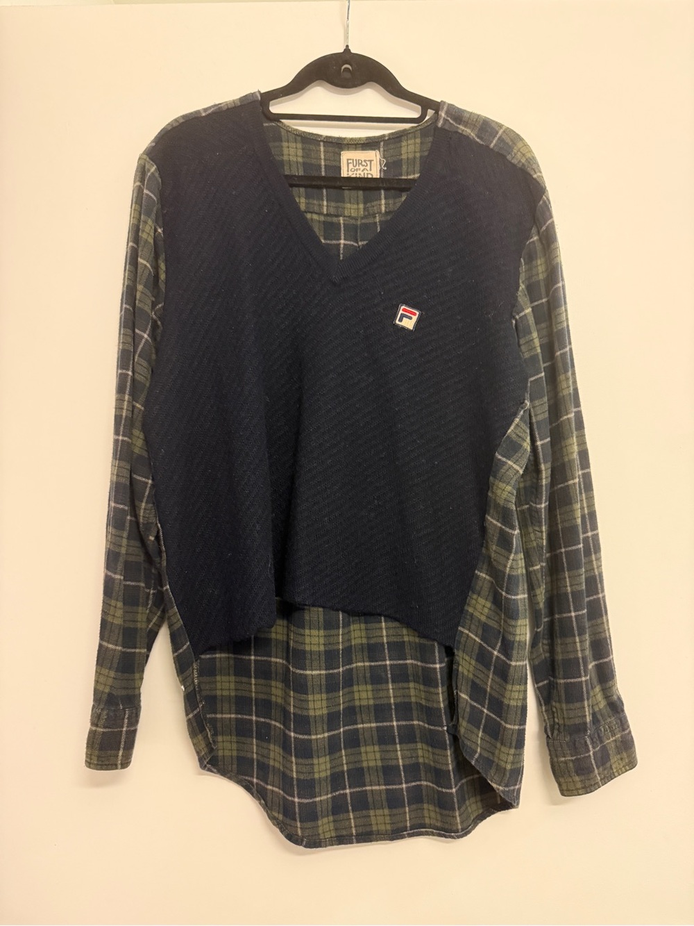 Furst of a Kind Navy Pullover Layered Sweater with Green Plaid Shirt